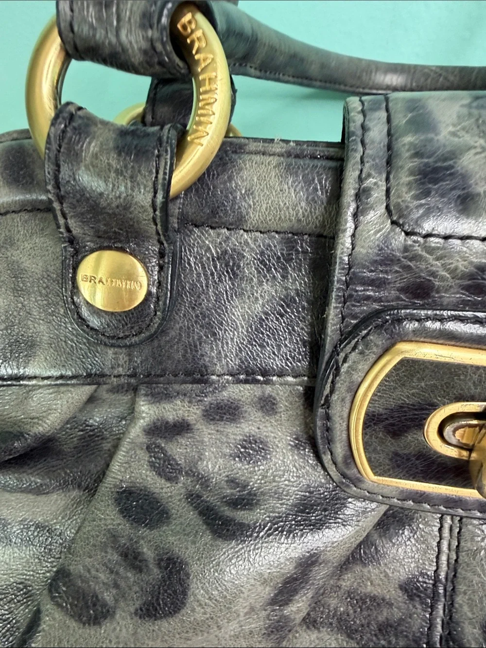 Brahmin Adore Charcoal Leopard-Print Leather Satchel with Gold Hardware